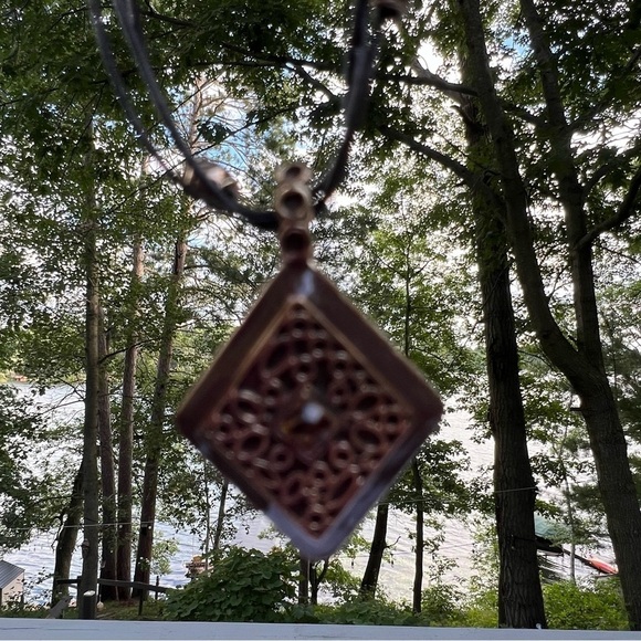 Gold/Copper Pendant on 20” 3 Layer Black Leather Corded Necklace With Beads - Picture 4 of 7